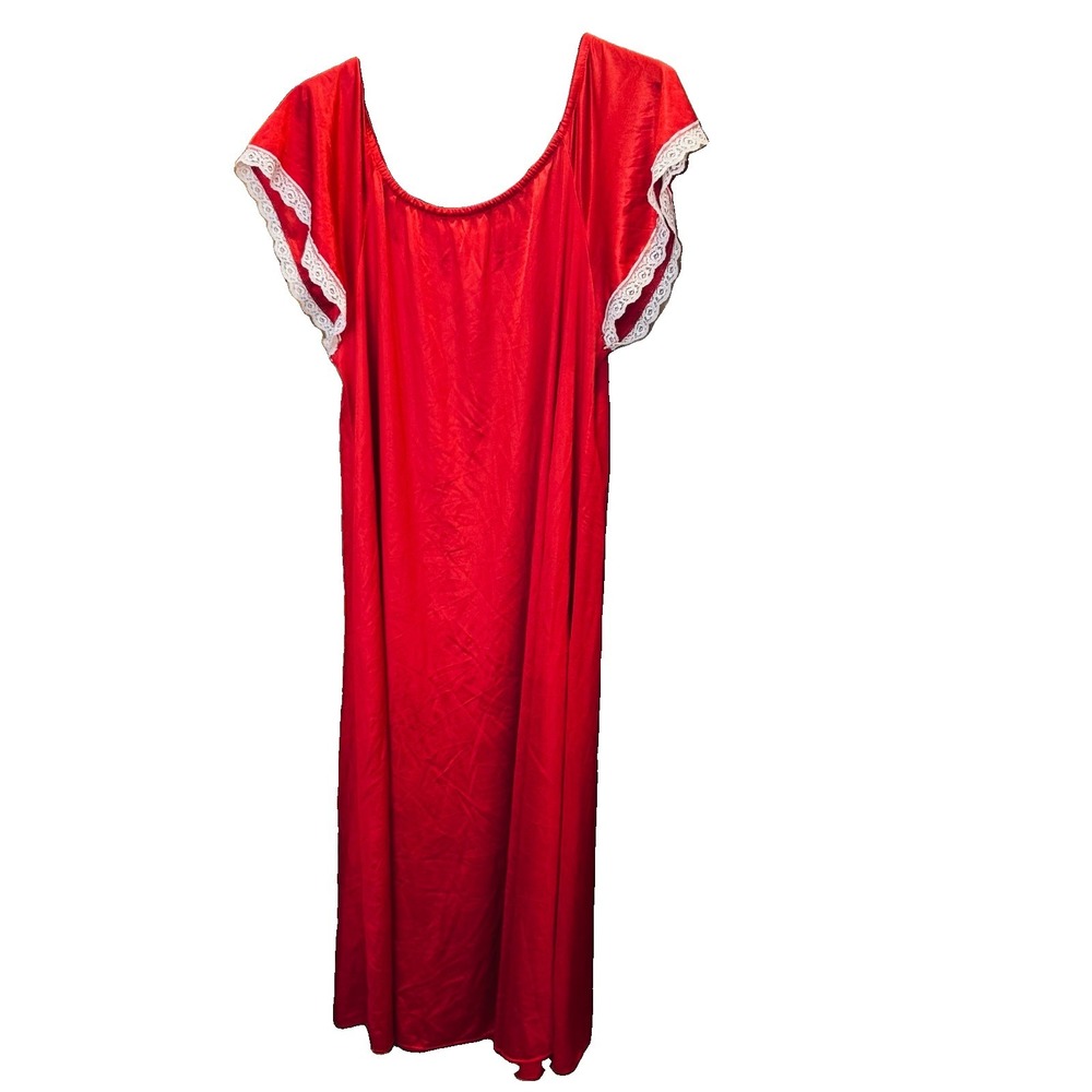 Vintage Nightgown Red Lace One Size Floor Length Nylon Made In USA